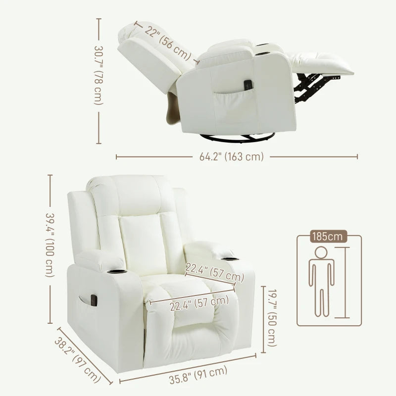 Swivel Massage Recliner Sofa, Overstuffed Manual Reclining Sofa, PU Leather Rocking Chair with Side Pockets, Cup Holders, for Living Room, Nursery, Cream White