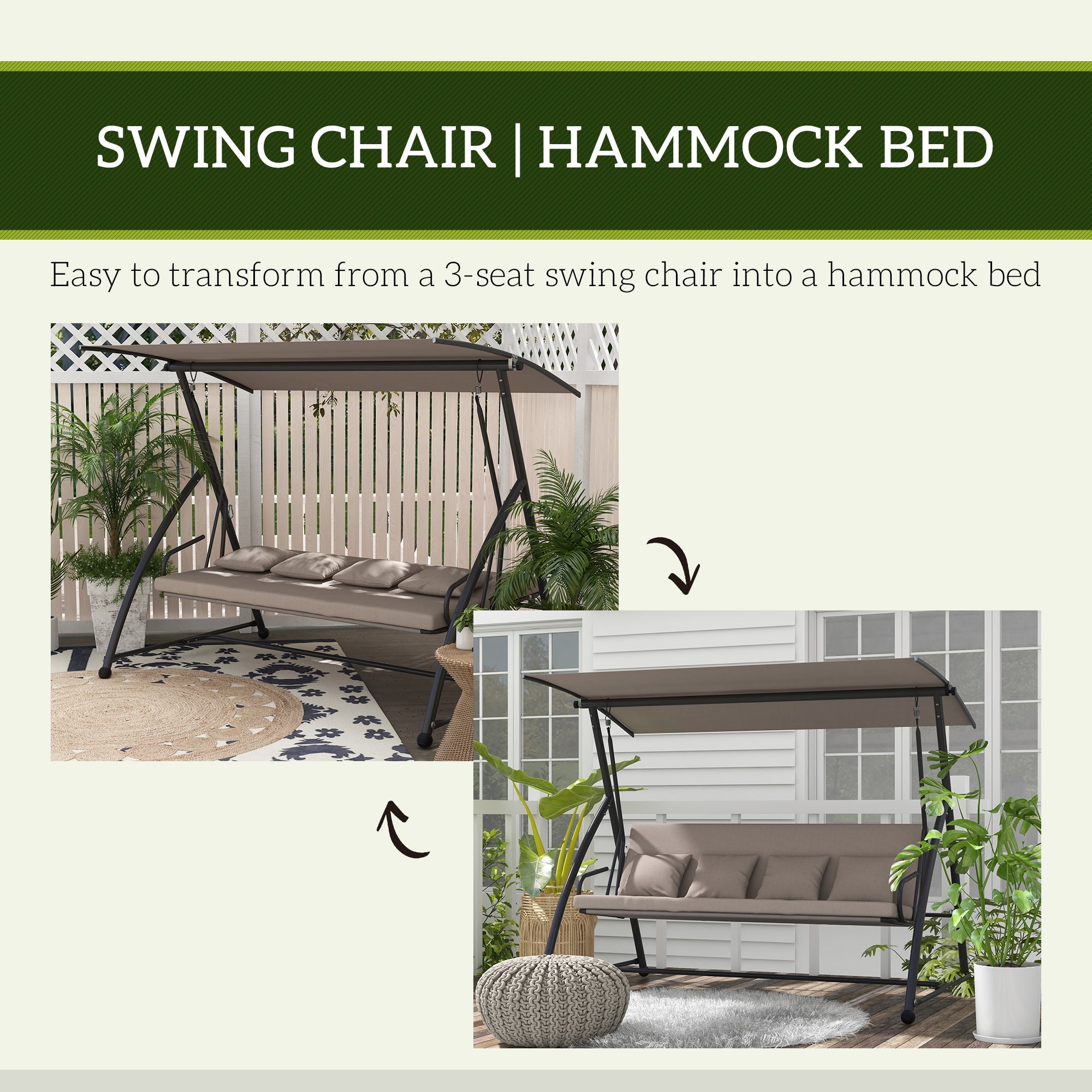 Outsunny 3 Seater Porch Swing Convertible Swing Chair Bed Cushioned Light Brown 