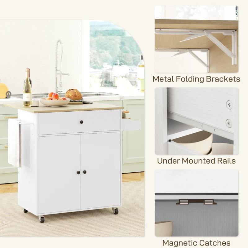 Rolling Kitchen Island with Drop Leaf, Kitchen Storage Cart with Drawer, Spice Rack and Towel Rack, White