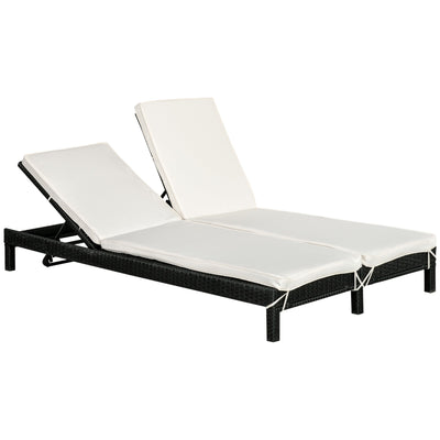 Outsunny Wicker Double Chaise Lounger Chair Outdoor Recliner 2 Person Rattan Patio Reclining Sunbed Furniture, Black, Cream White 