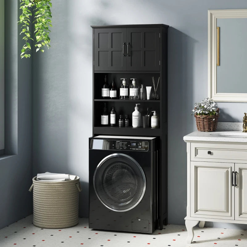 Modern Over The Toilet Storage, Bathroom Cabinets Over Toilet with Open Shelves and Double Door Cabinet, Black