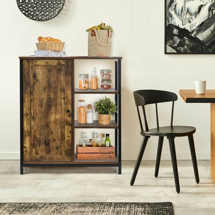 Modern Industrial Black Metal Brown Wood Sideboard Buffet Storage Shelf Cabinet - Free Shipping 