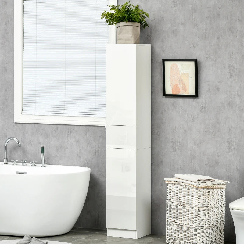 Tall Bathroom Cabinet, Narrow Bathroom Storage Cabinet with Doors, Drawer and Adjustable Shelves, High Gloss White