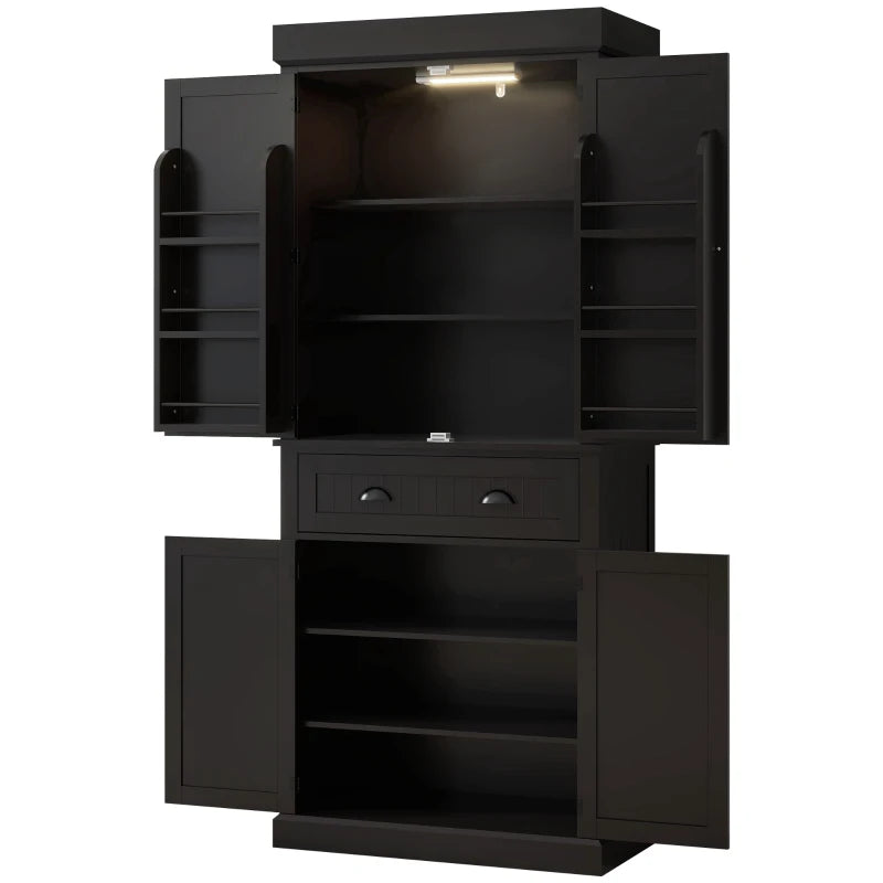 71" Kitchen Pantry Cabinet with LED Lights, 6 Spice Racks, a Drawer and 4 Adjustable Shelves, Black