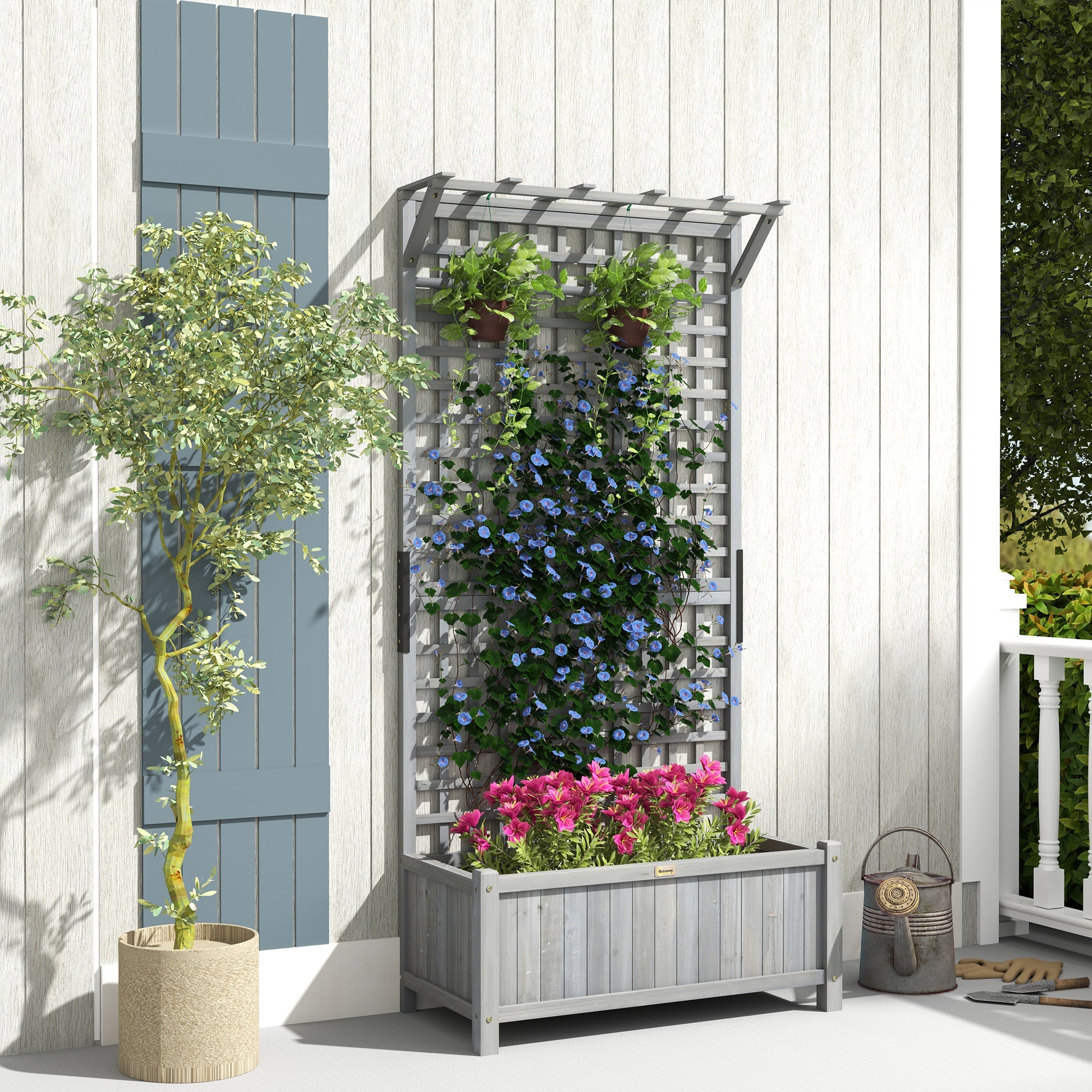 Outsunny Wooden Planter Box with Trellis for Vine Climbing, Raised Garden Bed, Privacy Screen for Backyard, Patio, Deck, Dark Grey 