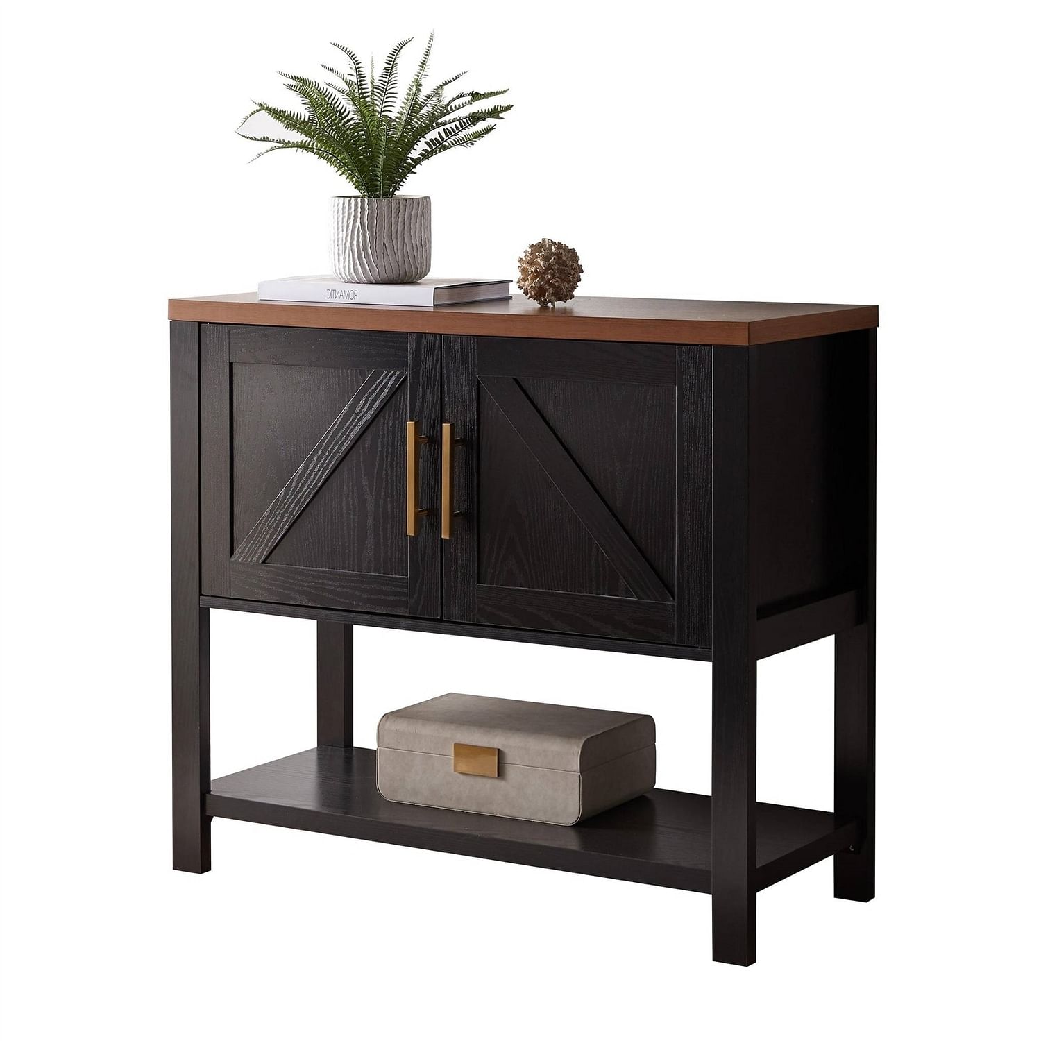 Modern 2 Drawer Wooden Storage Console Table Black/Walnut - Free Shipping