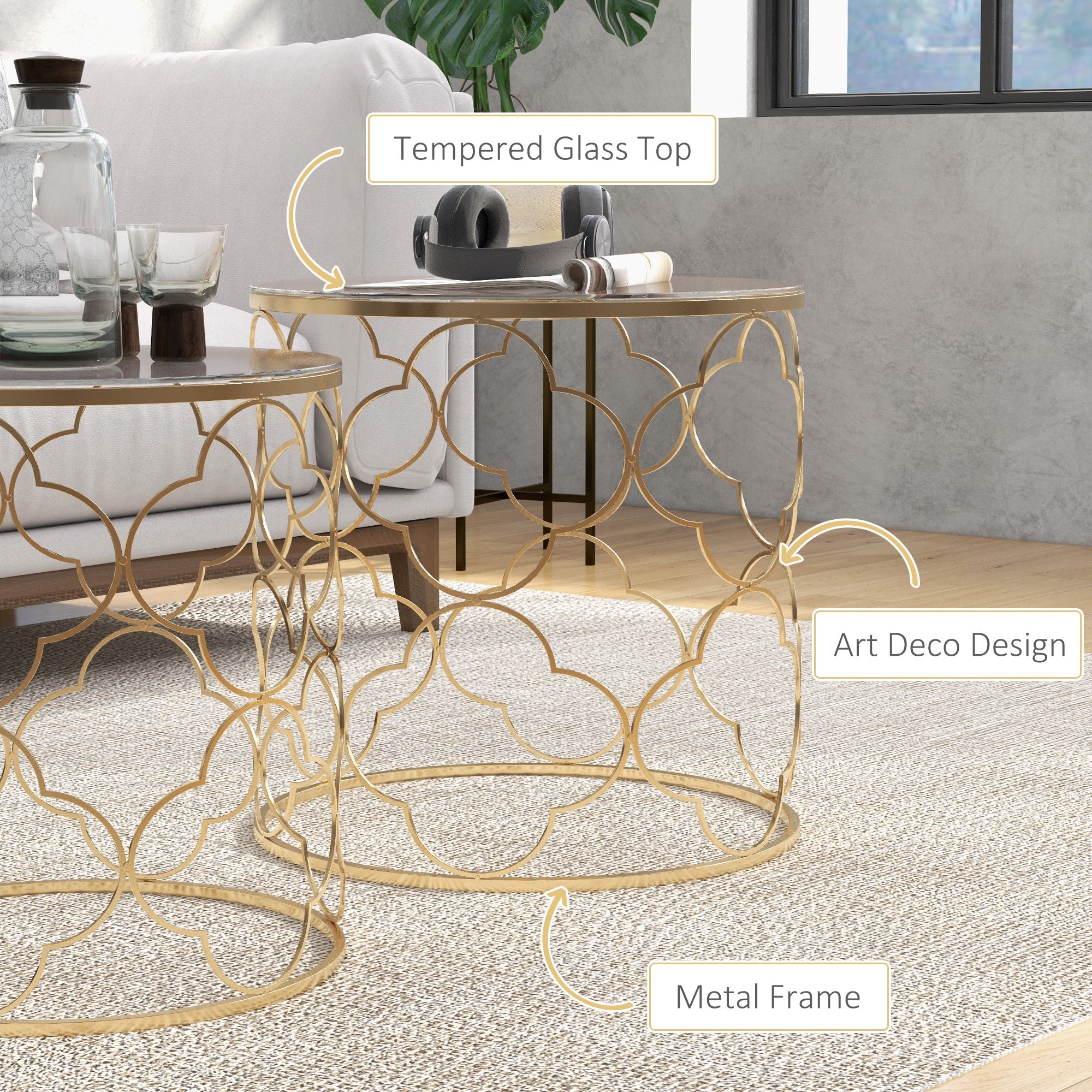 Homcom Gold Nesting End Tables: Elegant Set of 2 with Tempered Glass Top for Modern Living Room Decor 