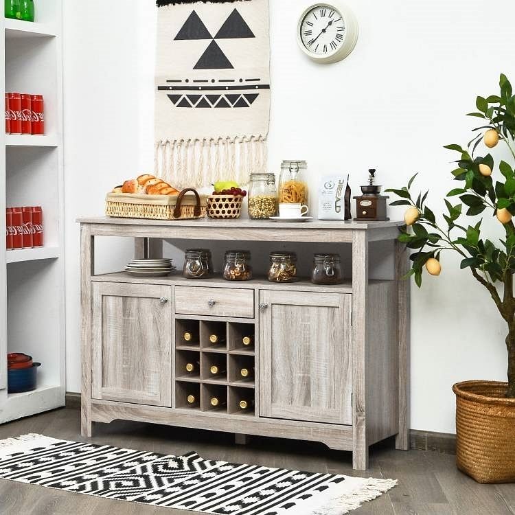 Grey Wood Sideboard Buffet Server Cabinet with Wine Rack and Storage Shelf - Free Shipping 
