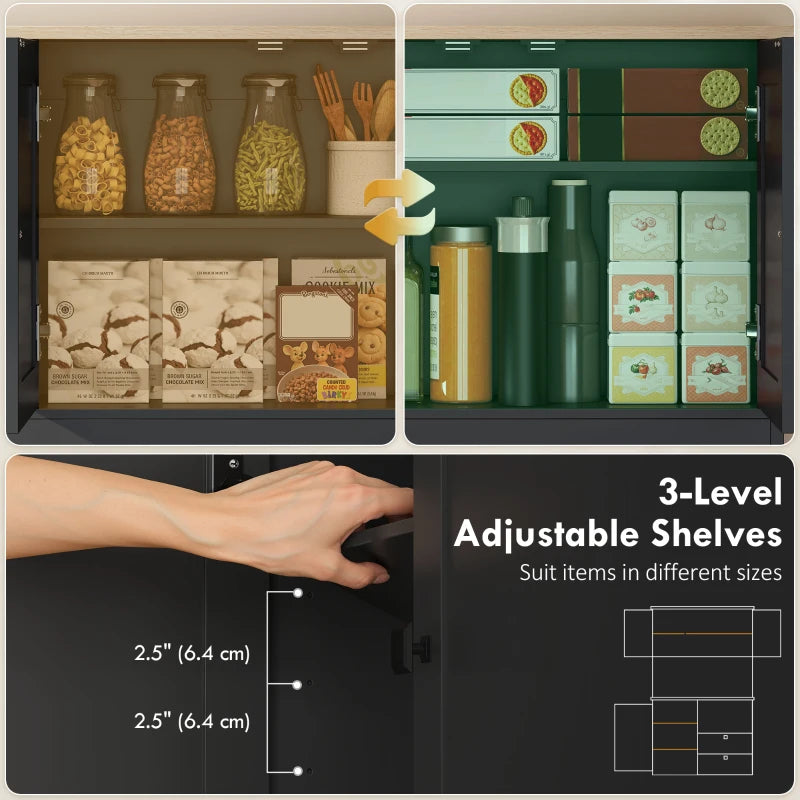 Kitchen Pantry Cabinet, 64" Tall Kitchen Hutch with 3 Cabinets, 2 Drawers, Adjustable Shelves, Microwave Stand, Black