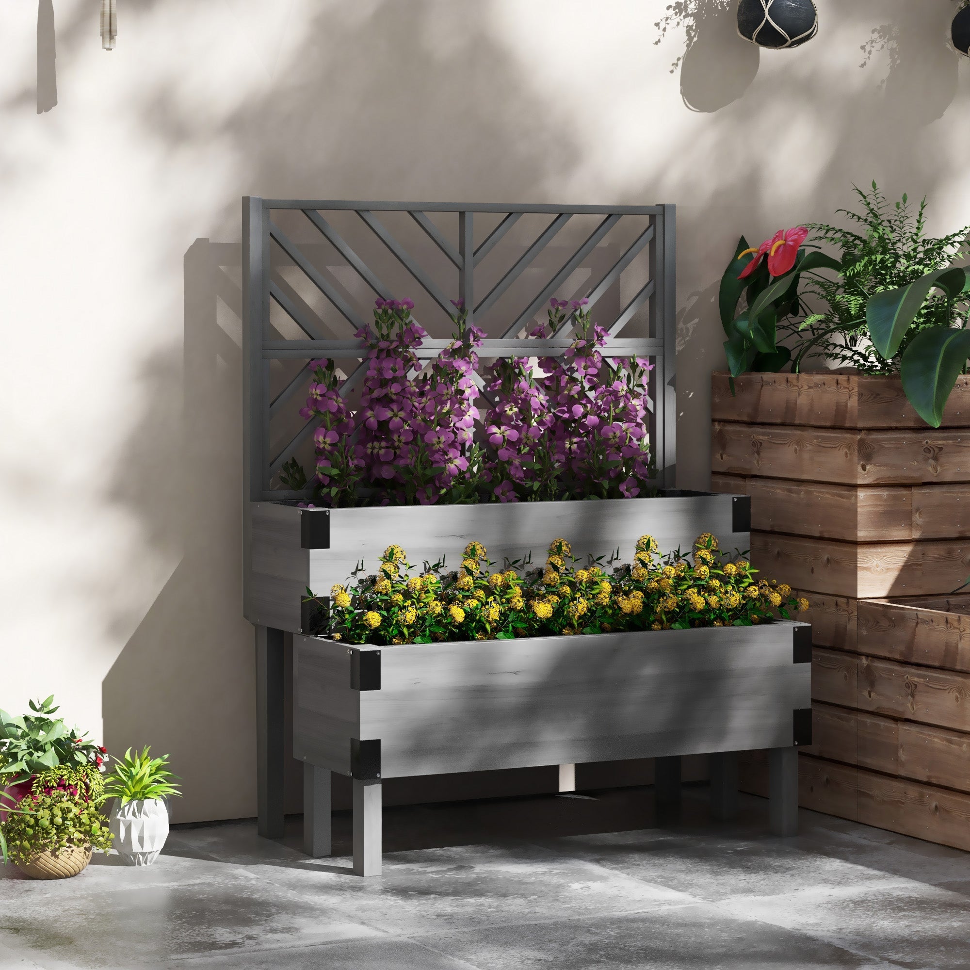 Outsunny Raised Garden Bed with Trellis, 2 Tier Wooden Elevated Planter Box  for Vegetables, Flowers, Herbs, Grey 