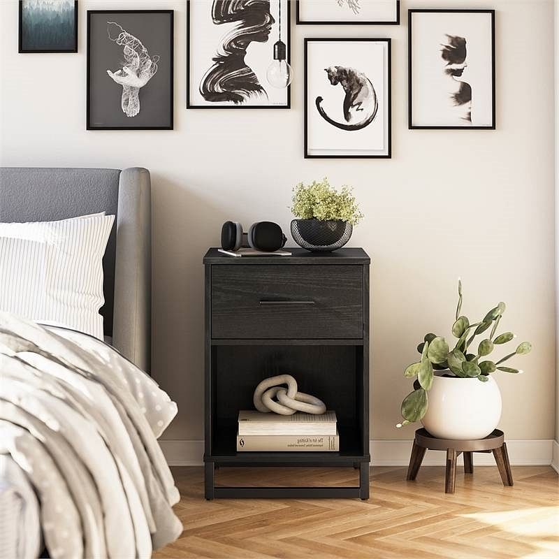 Modern 1-Drawer Bedroom Nightstand in Rustic Black Wood Finish with Metal Legs - Free Shipping