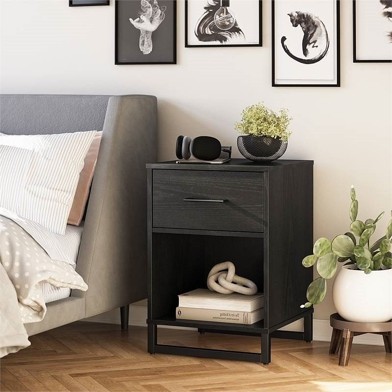 Modern 1-Drawer Bedroom Nightstand in Rustic Black Wood Finish with Metal Legs - Free Shipping