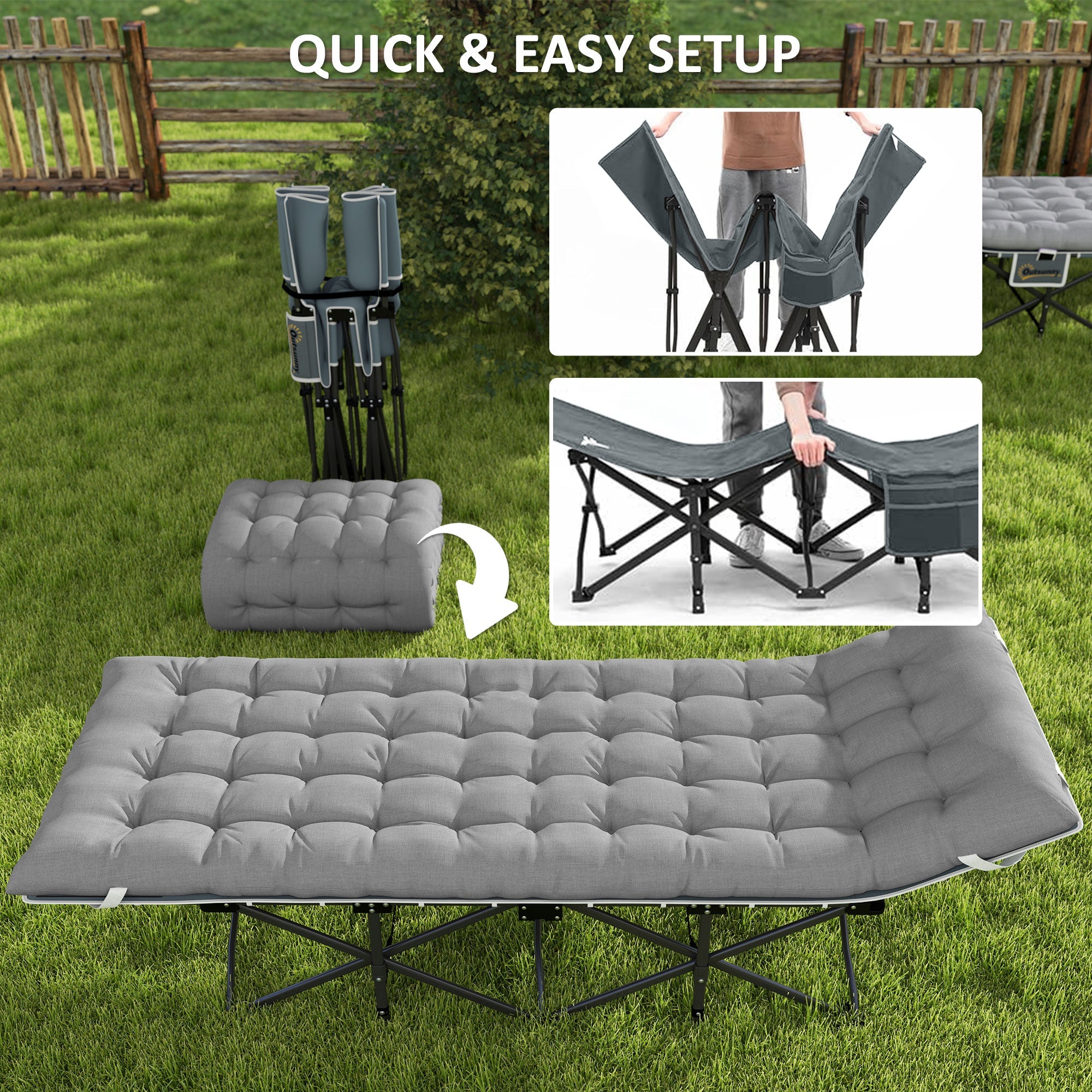 Outsunny 25.6" Wide Folding Bed, Camping Cot for Adults with Mattress, Carry Bag, Storage Pocket, Max Load 330 LBS, Light Grey 