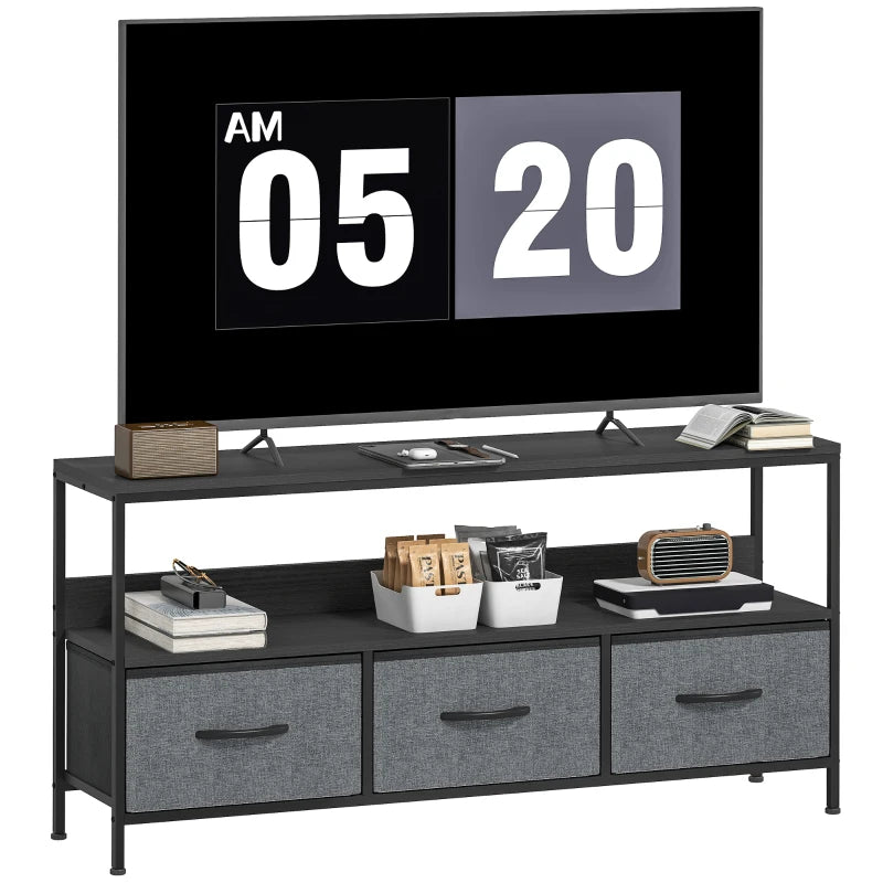 TV Stand with Charging Station, TV Table with 3 Foldable Linen Drawers and Open Shelf for 55 Inch Television, Black