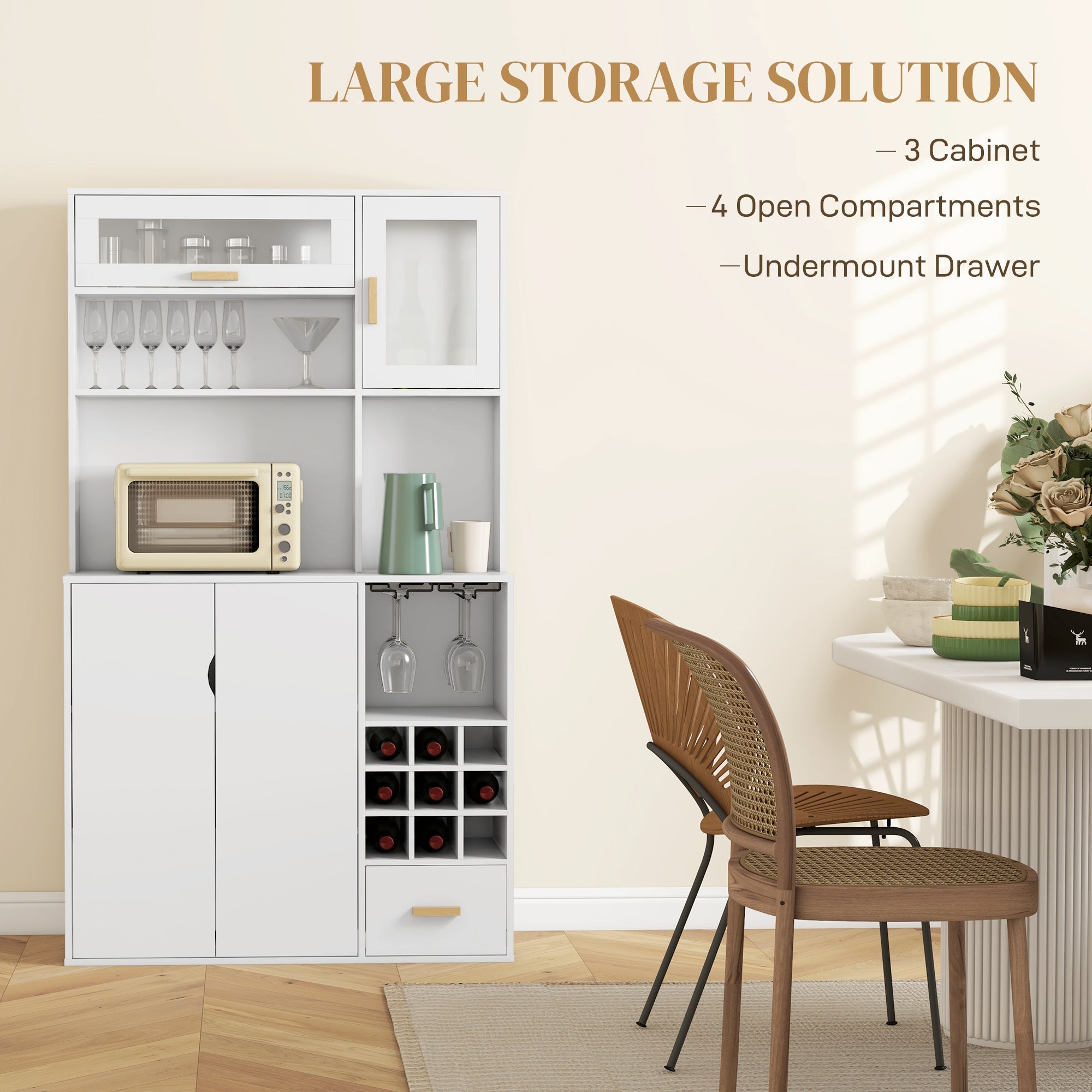 HOMCOM Coffee Bar Cabinet Kitchen Hutch Wine Storage Microwave Countertop Drawer Tempered Glass Doors White Stylish Versatile Furniture 