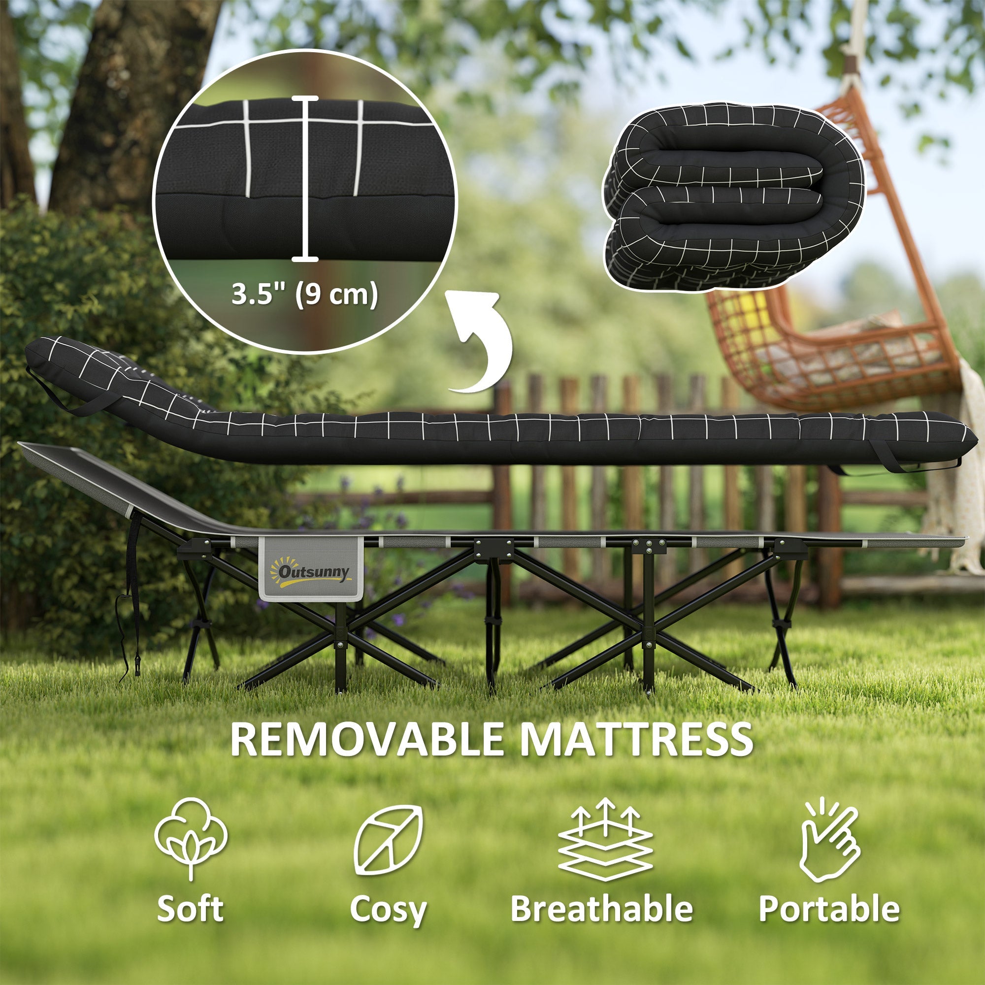 Outsunny 26.4" Wide Folding Bed, Camping Cot for Adults with Mattress, Storage Pocket, Carry Bag, Max Load 330 LBS, Black 