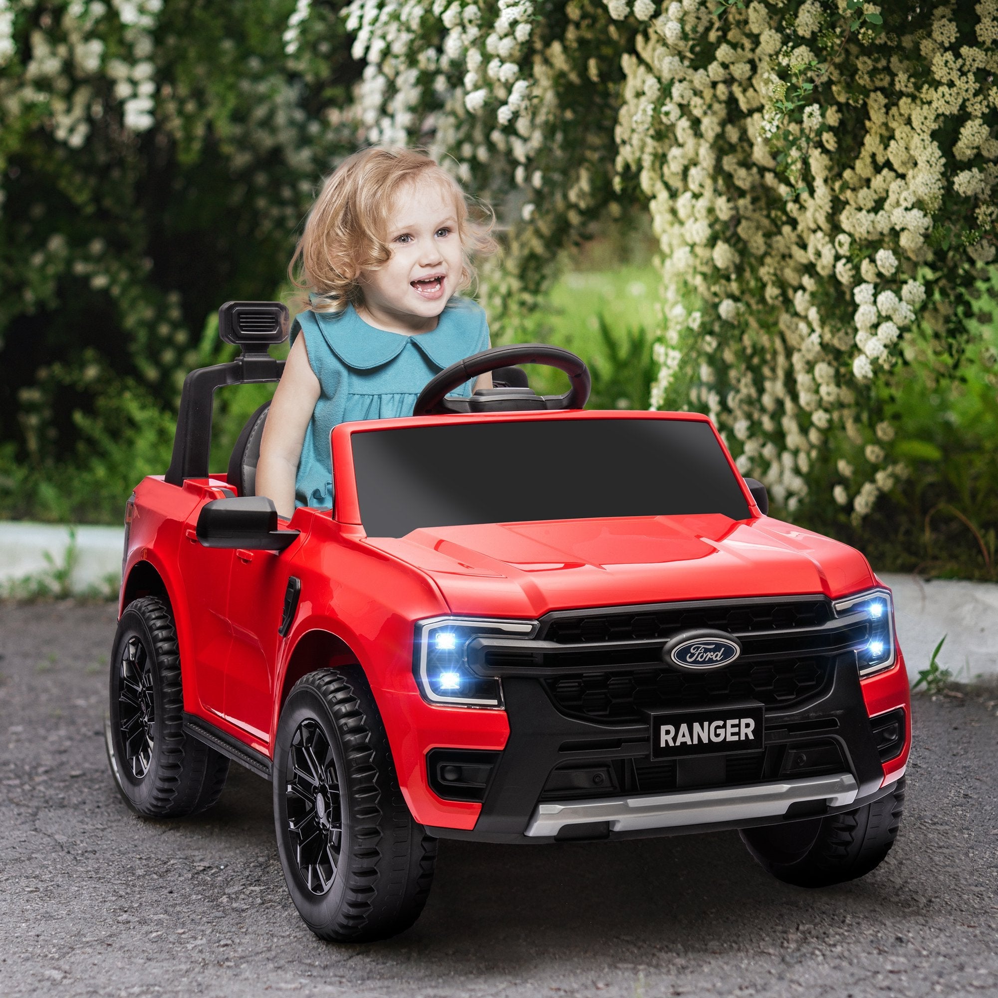 Qaba Ford Ranger Licensed 12V Ride on Car Battery Powered Kids Truck w/ Rear Storage Remote, Spring Suspension, Red 