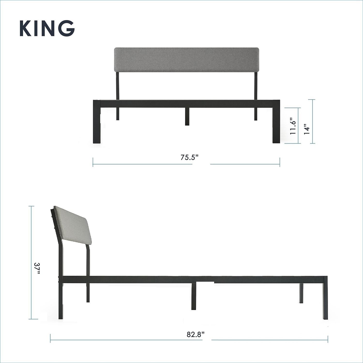 King Size Grey Soft Fabric Metal Headboard Platform Bed Wooden Slats - Free Shipping