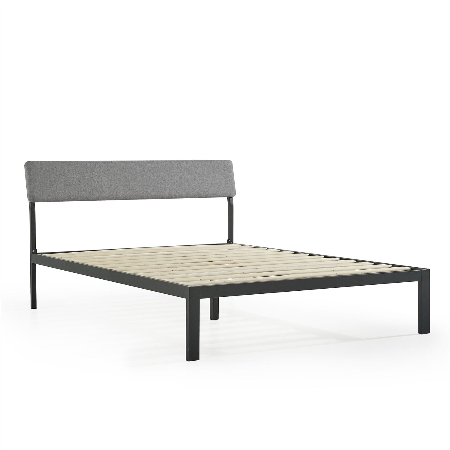 King Size Grey Soft Fabric Metal Headboard Platform Bed Wooden Slats - Free Shipping