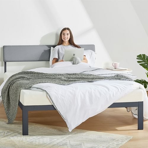 King Size Grey Soft Fabric Metal Headboard Platform Bed Wooden Slats - Free Shipping