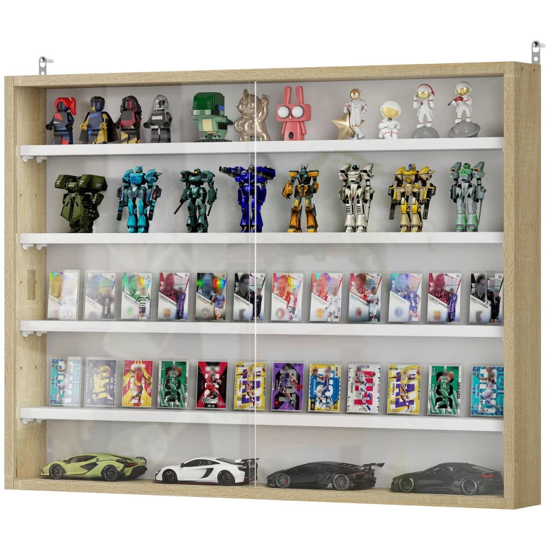 5-Tier Display Cabinet, Shot Glass Display Case, Glass Curio Cabinet with 2 Glass Doors and 4 Adjustable Shelves, Oak