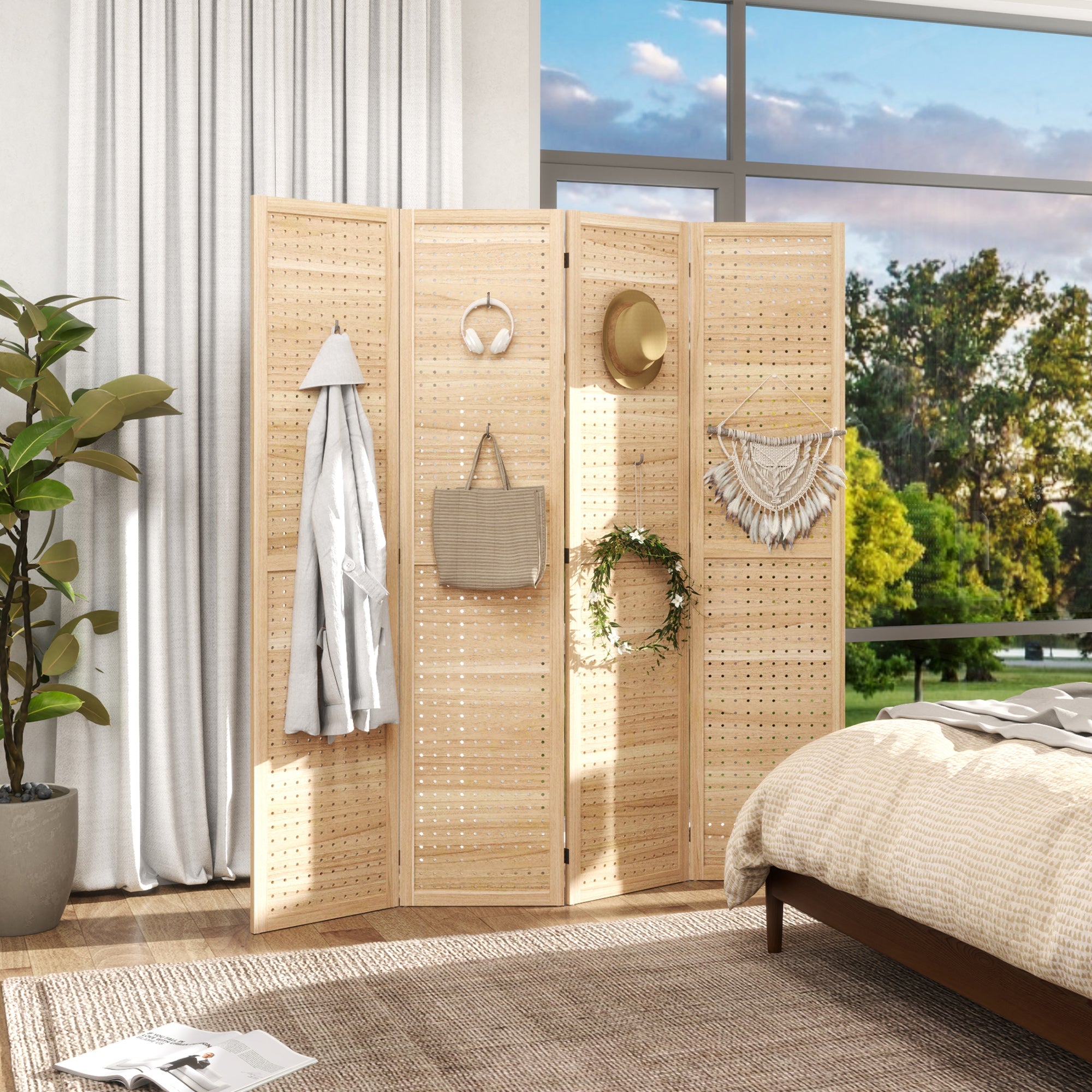 HOMCOM 4-Panel Room Divider: 5.6ft Tall Indoor Wood Portable Folding Privacy Screens with Hole Hooks, Natural 