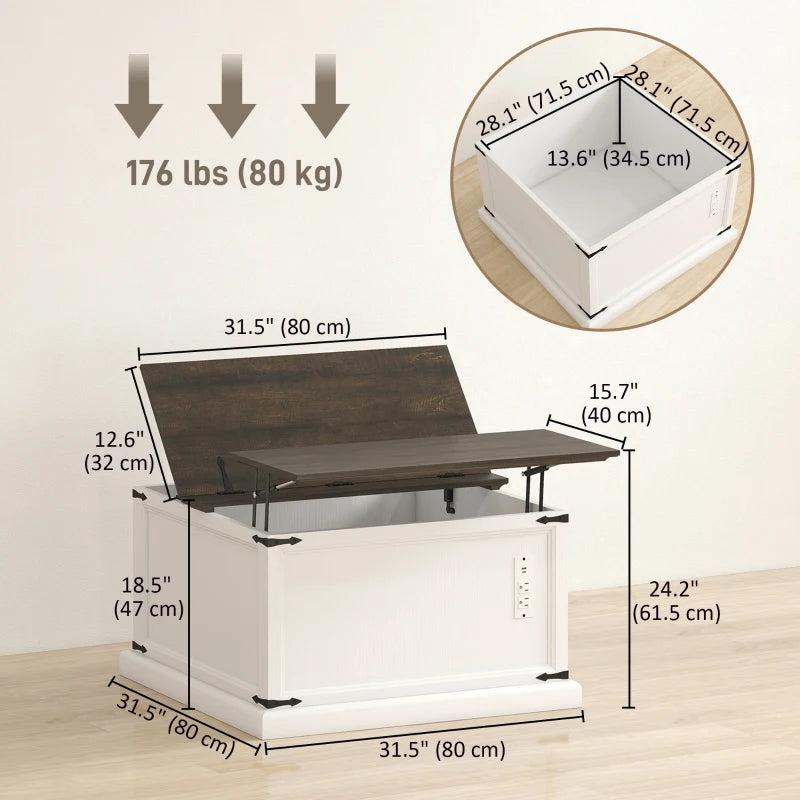 Lift Top Coffee Table with Charging Station, Square Farmhouse Center Table with Hidden Storage, White Wood Grain