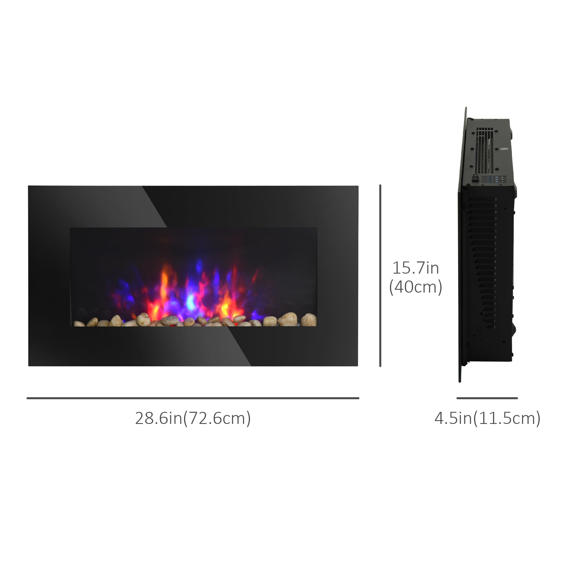 HOMCOM 28.5" Wall Mounted Electric Fireplace Heater with 7 Color Light, LED Flame Effect and Remote Control, 750W/1500W, Black 