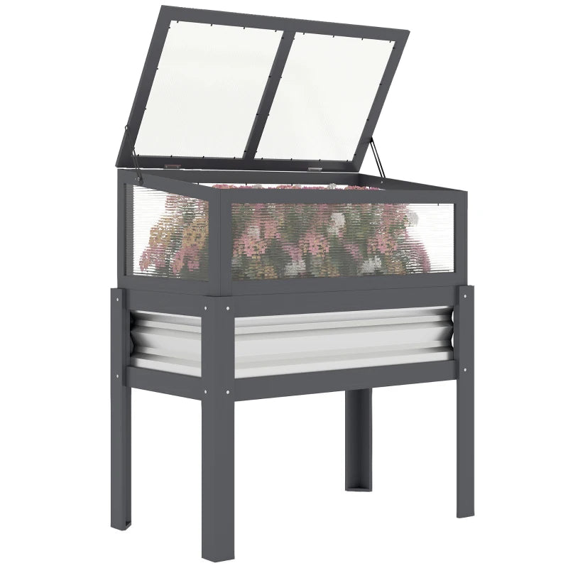 Raised Garden Bed with Flip-Up Greenhouse Top, Wooden Elevated Planter Box with Legs and Liner, Grey