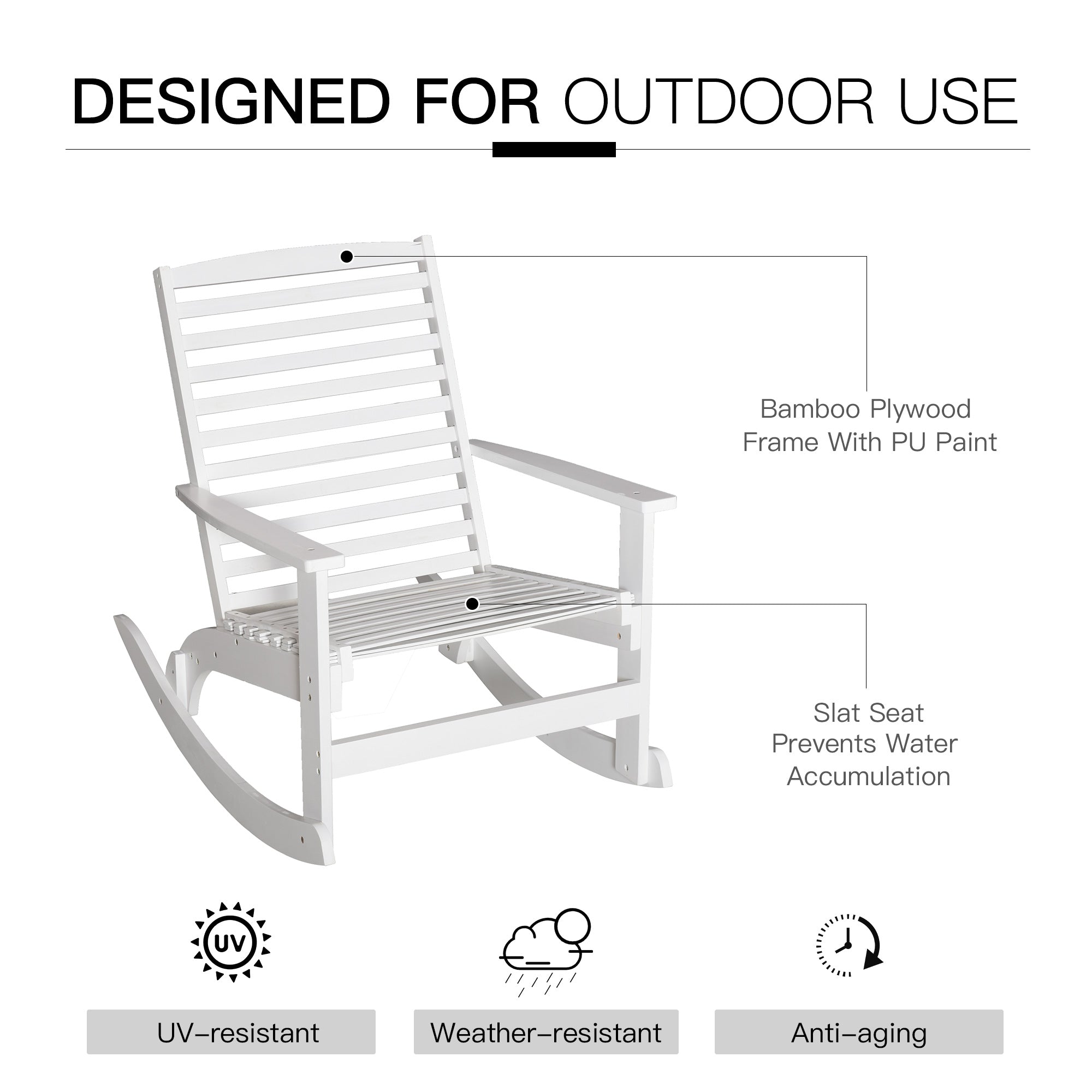 Outsunny Patio Rocking Chair Non-slip Porch Rocker for Balcony Garden Terrace Bamboo White 