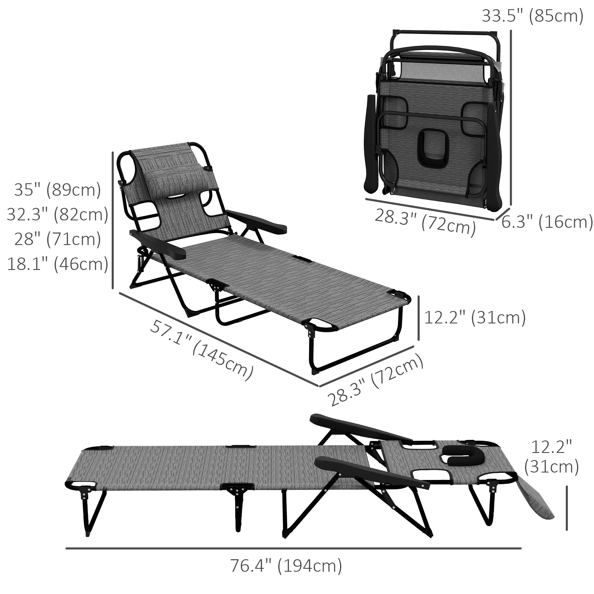 Outsunny Mixed Grey Outdoor Chaise Lounge Chair with 4-positions Reclining Back Portable Folding Sun Lounger 