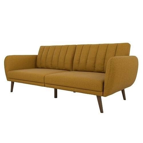 Mustard Linen Upholstered Futon Sofa Bed with Mid-Century Style Wooden Legs - Free Shipping 