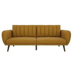 Mustard Linen Upholstered Futon Sofa Bed with Mid-Century Style Wooden Legs - Free Shipping 