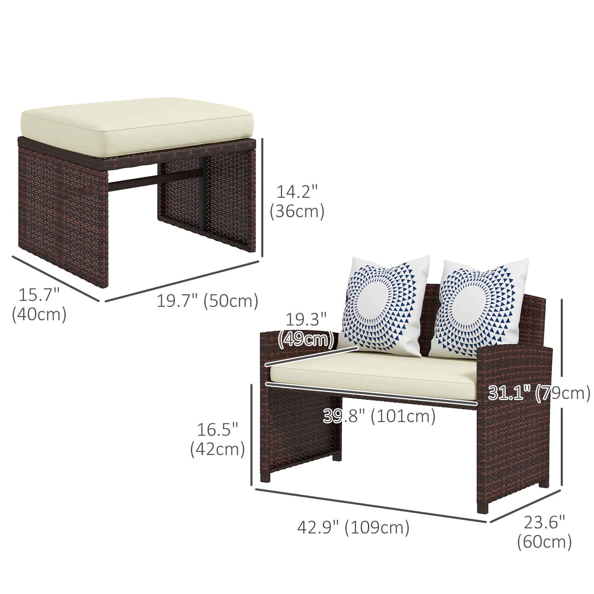 Outsunny 3 Pieces PE Rattan Patio Furniture Wicker Conversation Sofa Sets w/ Multi-functional Footstools and Two Pillows, Beige 