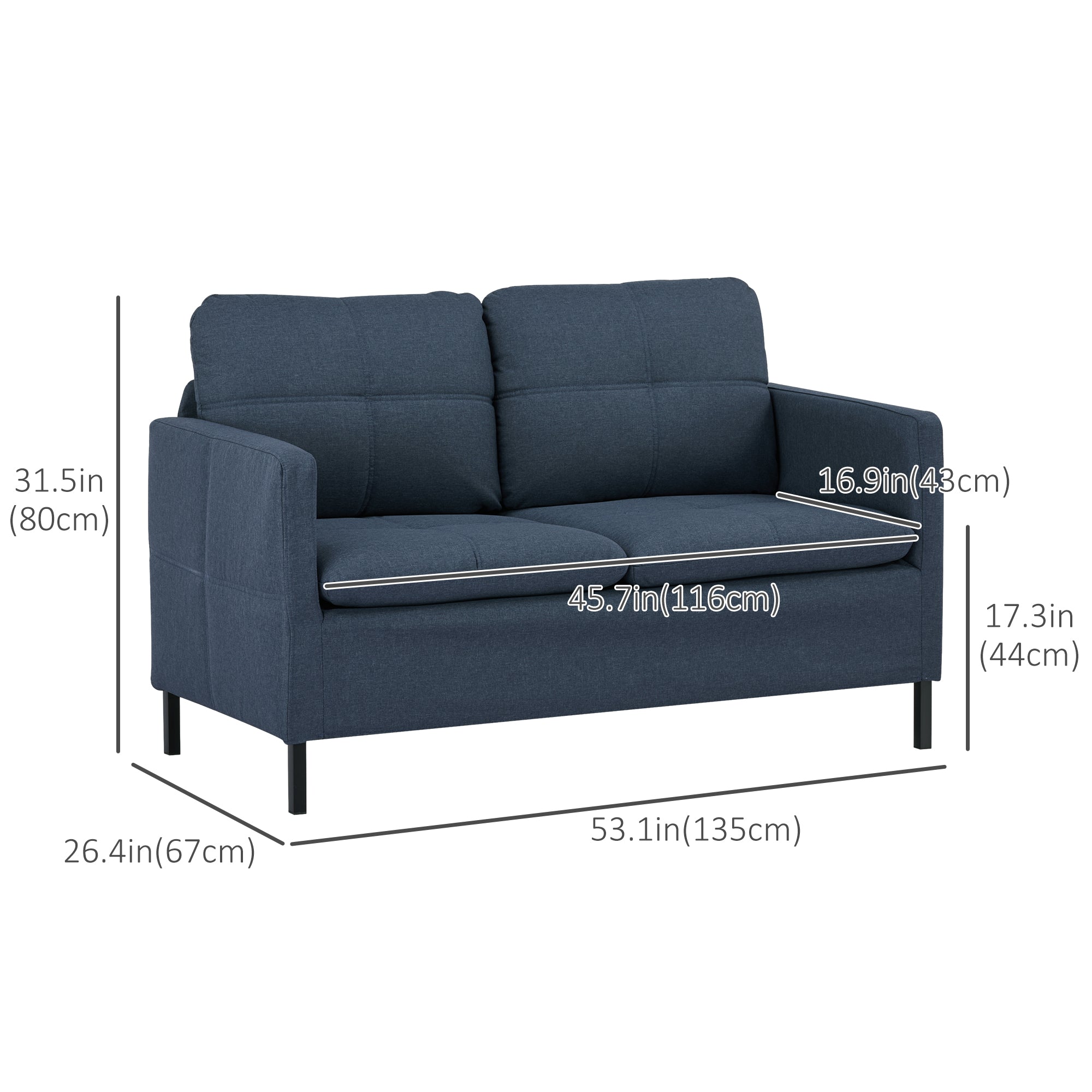 HOMCOM 53" 2 Seat Sofa, Upholstered Two Seater Couch with Sturdy Steel Legs for Bedroom, Living Room, Dark Blue 