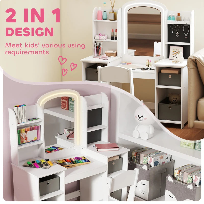Qaba Kids Vanity Table and Chair Set, Toddler Dressing Table and Chair Set with Lighted Mirror and Storage Space for Little Girls, White