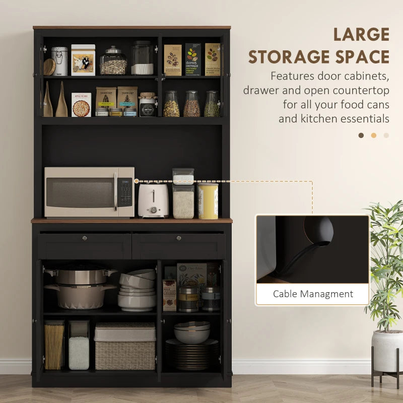71" Pantry Cabinet with Microwave Space, Buffet with Hutch, 2 Drawers, Adjustable Shelves and Glass Doors, Black
