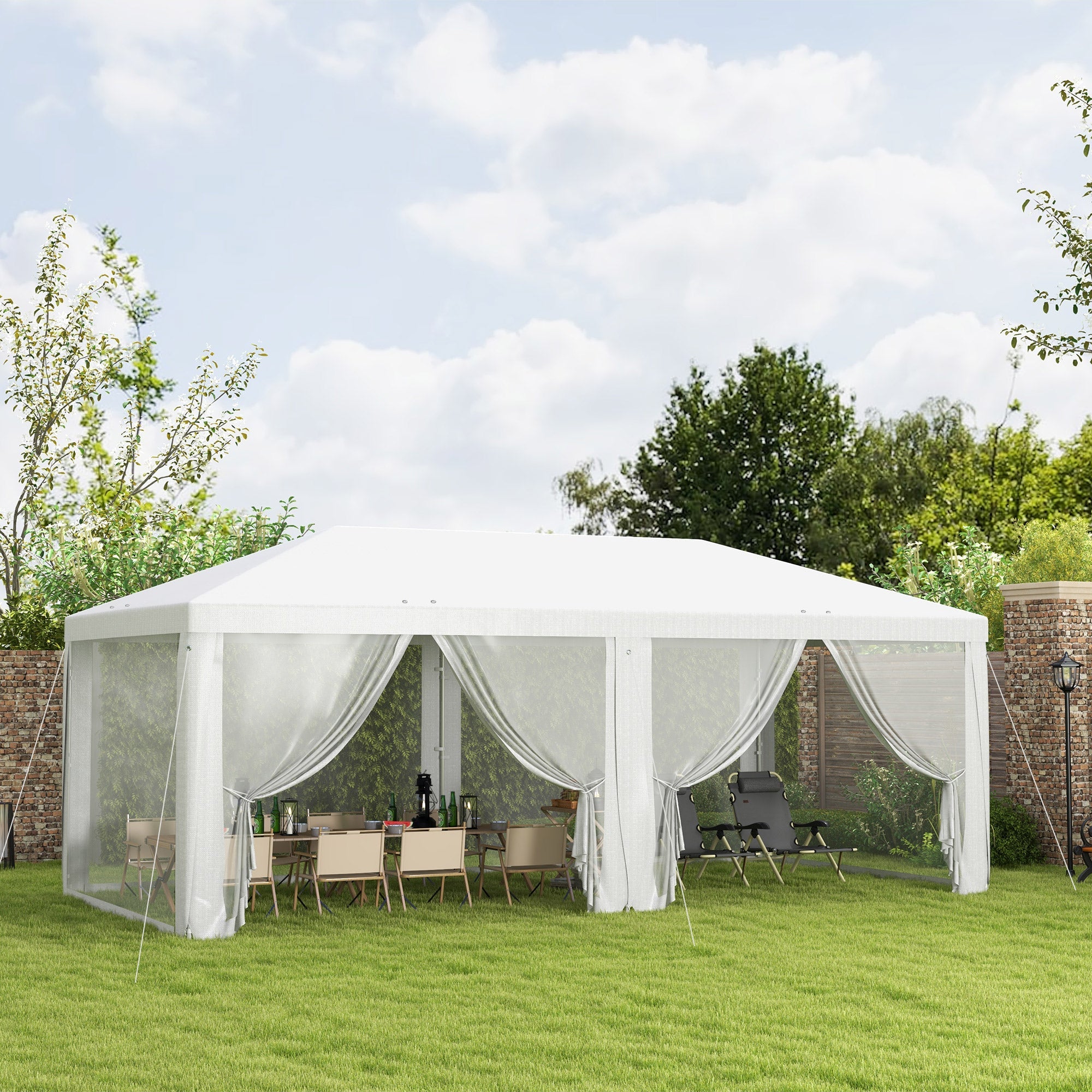 Outsunny Shaded Sanctuary: 19x9ft Party Tent Gazebo Canopy, Outdoor Sun Shade with Mosquito Netting, White Elegance 