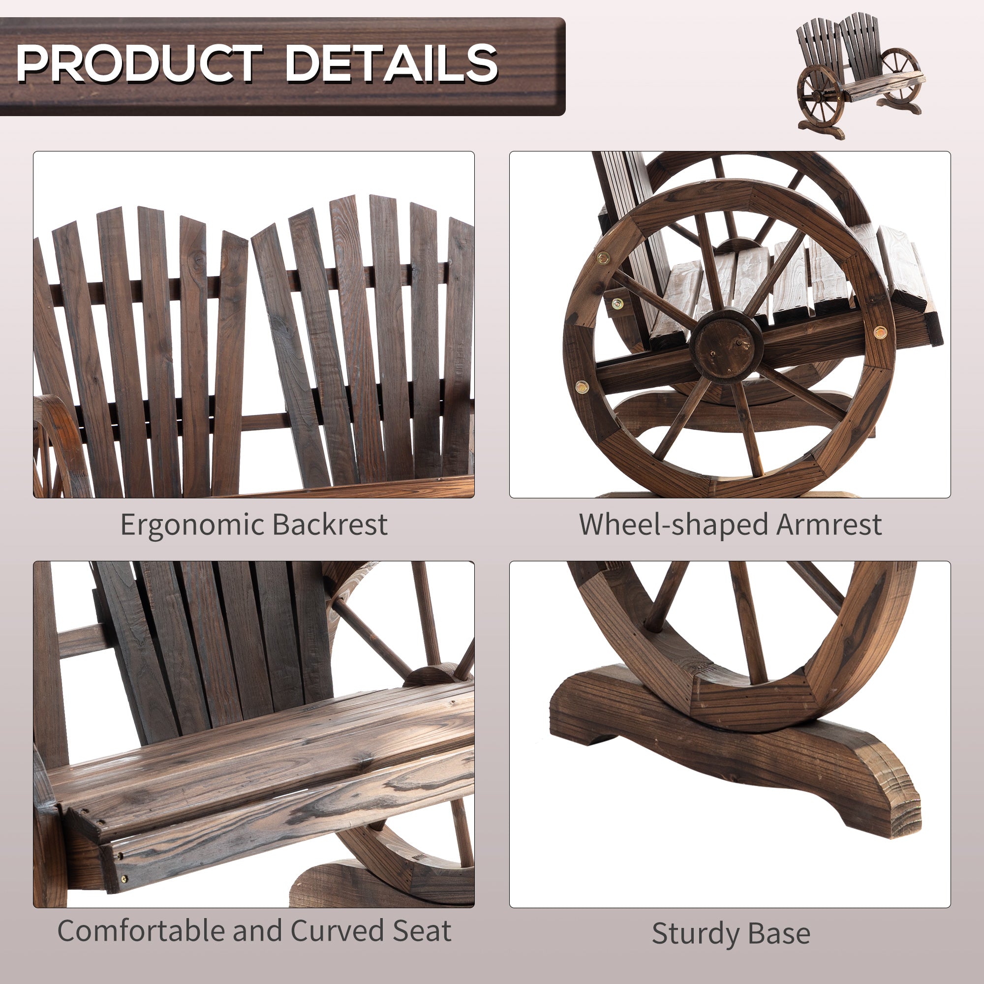 Outsunny Wooden Garden Bench 2-Seat Patio Bench with Wheel-Shaped Armrests Carbonized Color for Outdoor 