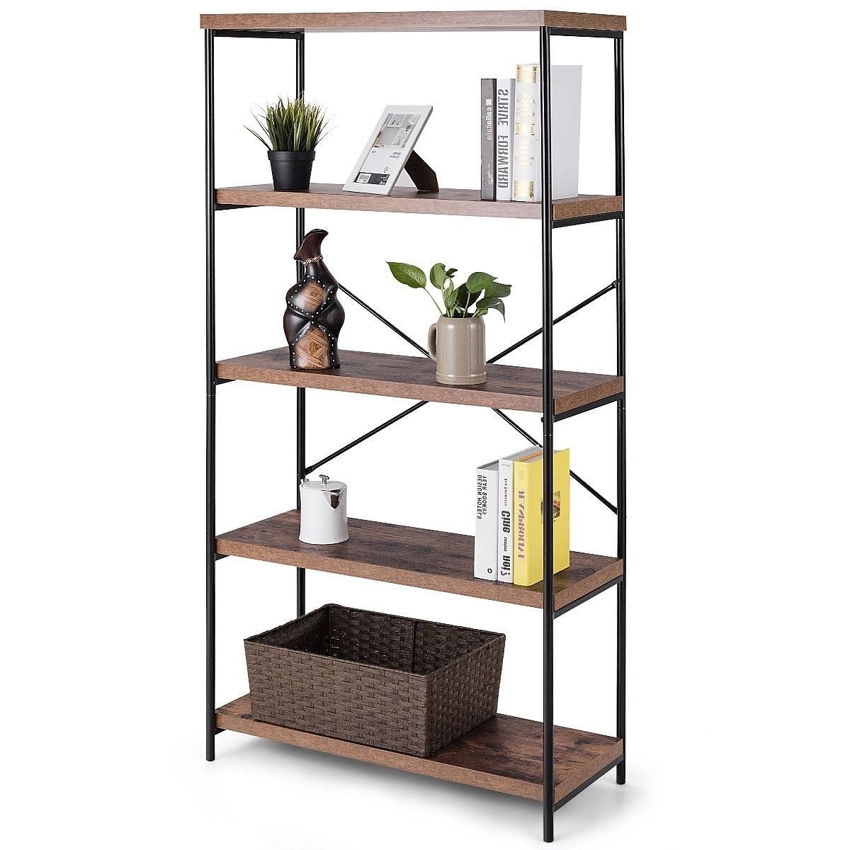 Industrial Metal Wood 5-Tier Bookcase Storage Rack Book Shelf - Free Shipping