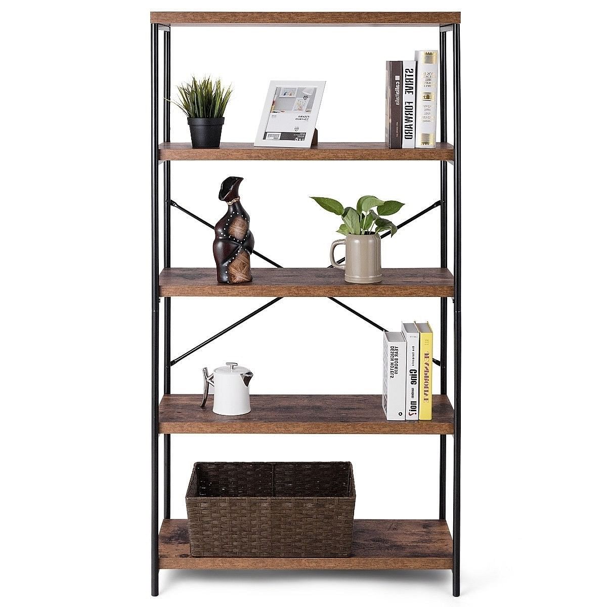 Industrial Metal Wood 5-Tier Bookcase Storage Rack Book Shelf - Free Shipping