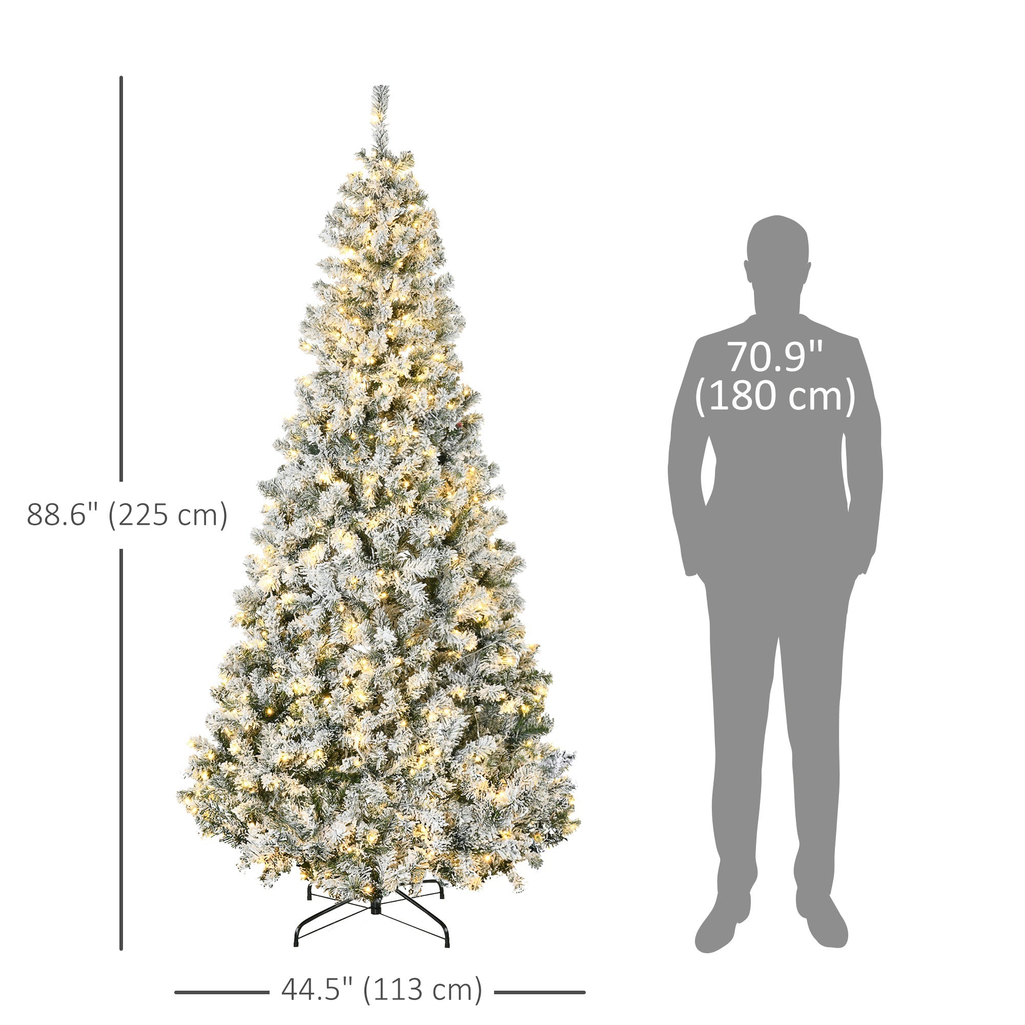 HOMCOM 7.5ft Artificial Prelit Christmas Tree with Warm White LED Light, Snow Flocked Branches, Metal Base, Xmas Tree 