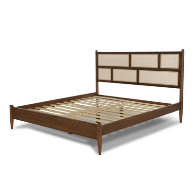 Queen Size Hardwood Platform Bed Frame with Cane Paneling Headboard in Walnut - Free Shipping 