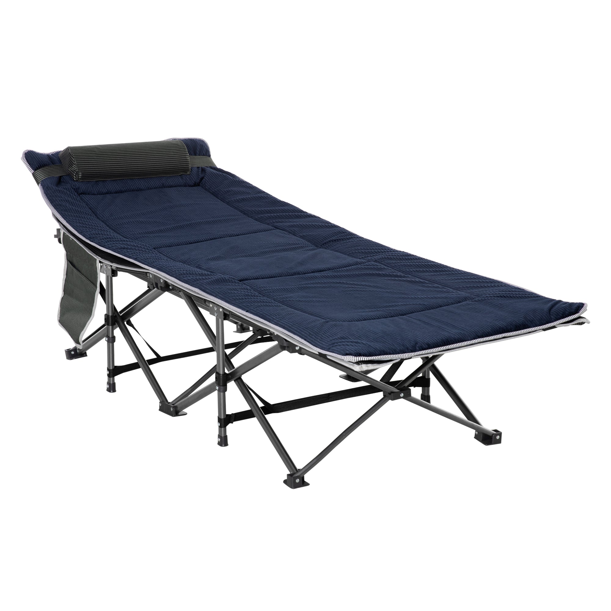 Outsunny Folding Camping Cot with Mattress Pillow Double Layer Oxford Heavy Duty Sleeping Cot Carry Bag Grey Blue 