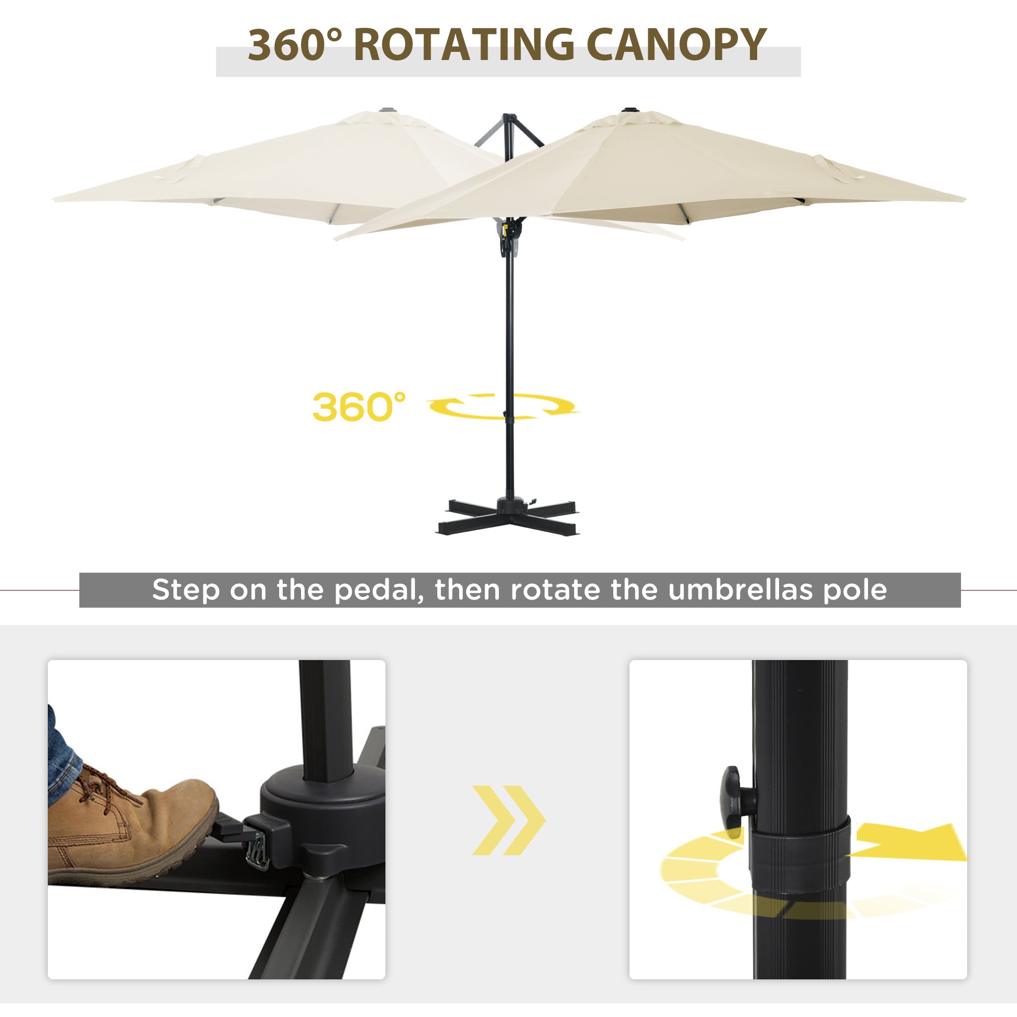 Outsunny Square Patio Hanging Offset Umbrella 8' x 8' Aluminum Cantilever Crank Market Parasol 360° Rotation Cross Base Cream White 