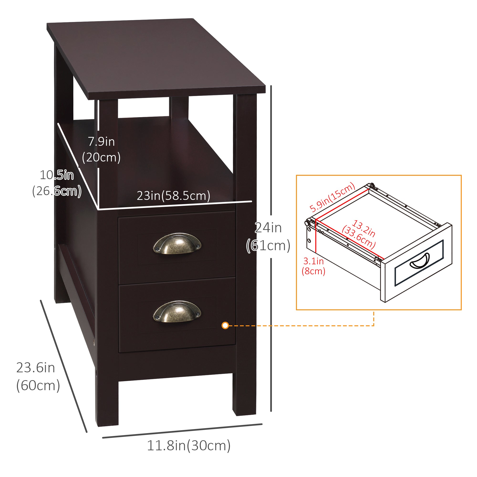 HOMCOM Slim Side Table: Narrow End Table with 2 Drawers and Storage Shelf, Sofa Side Table for Living Room, Compact Nightstand 