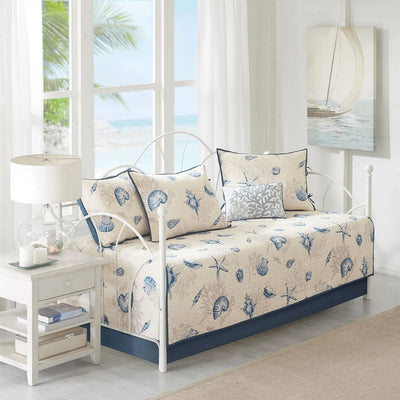 6-Piece Nautical Sea Shells Coral Blue Beige Reversible Daybed Cover Bedding Set - Free Shipping 