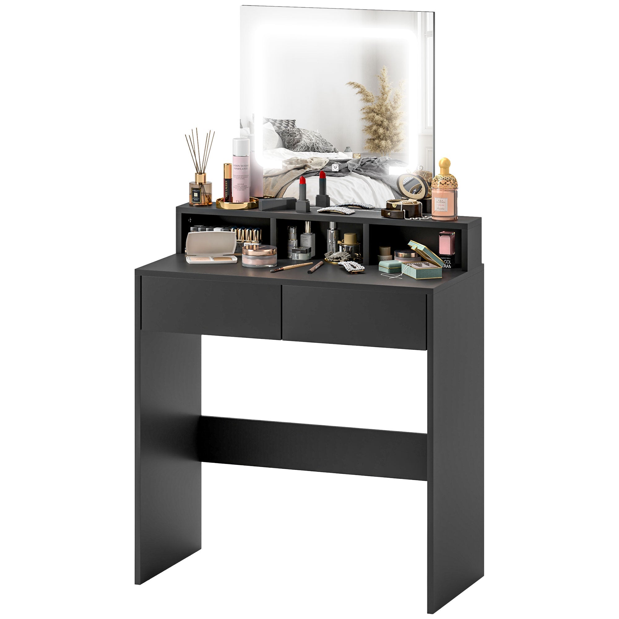 HOMCOM Makeup Vanity Desk with Mirror and LED Lights, for Bedroom, Modern Dressing Table with Drawers, Compartments, Black 
