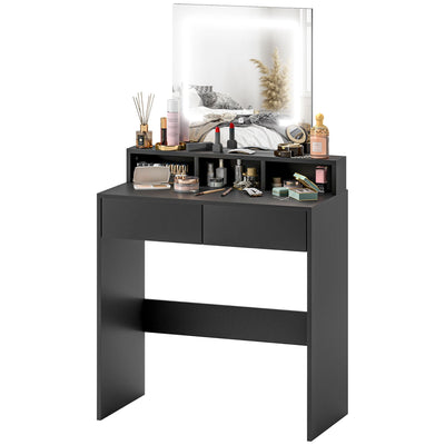 HOMCOM Makeup Vanity Desk with Mirror and LED Lights, for Bedroom, Modern Dressing Table with Drawers, Compartments, Black 