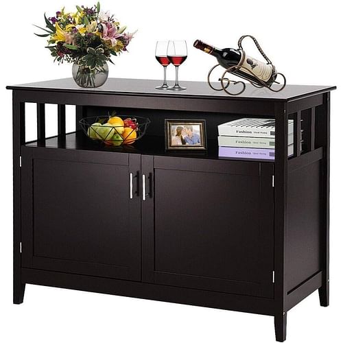 Dark Brown Wood 2-Door Dining Buffet Sideboard Cabinet with Open Storage Shelf - Free Shipping 